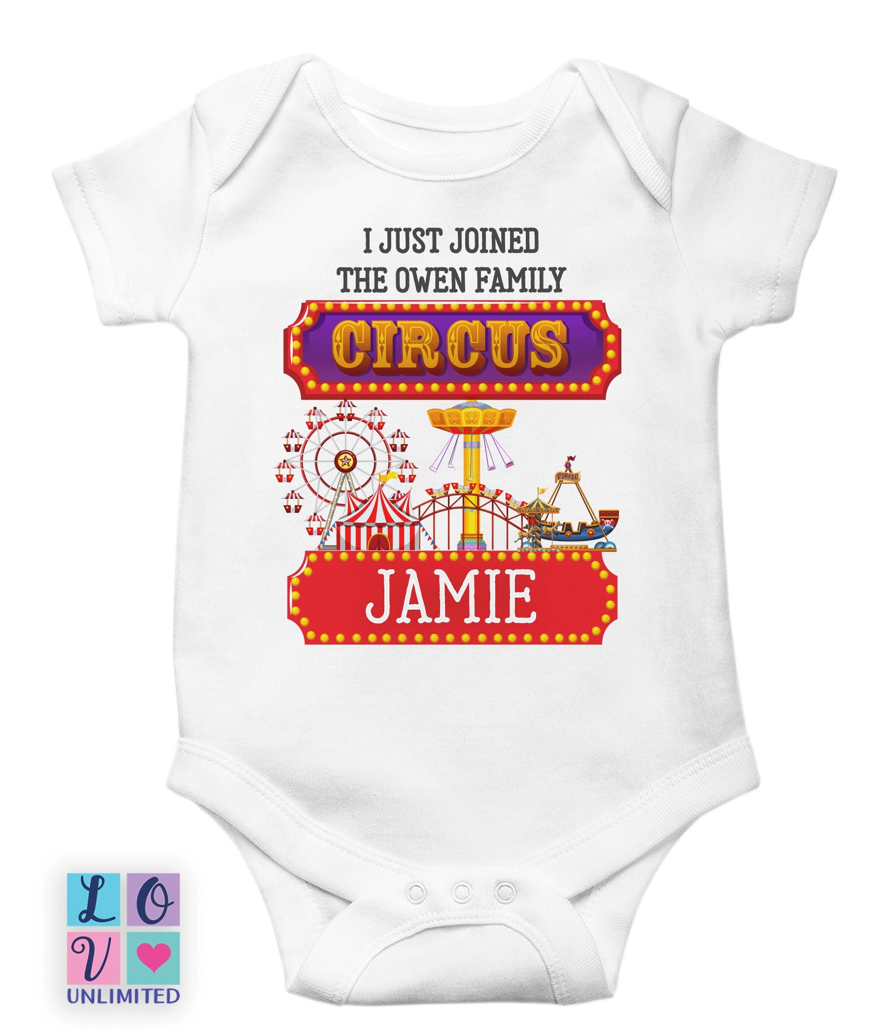 Personalized circus baby bodysuit, Funny gag gift for baby shower, Joined  family circus baby clothes
