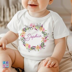 Personalized Baby Name Bodysuit with Floral Wreath, Custom Infant Girl Shirt, Baby Shower Gift, Newborn Outfit, Name Baby Clothes