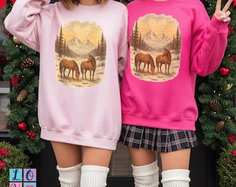 Wild Horses in Mountain Sweatshirt, Two Vintage Horses Grazing Western Art Shirt, Rustic Horse Lover Pullover, Cozy Nature Graphic Crewneck