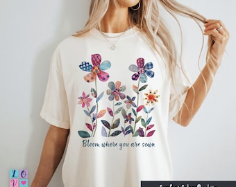 Patchwork Flowers Comfort Colors® Boho Shirt, Fall Quilt Looking Flower Shirt,  Quilted Look Flowers T-Shirt Birthday Gift for Sewing Lovers
