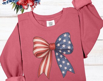 Comfort Colors® 4th of July Sweatshirt, Coquette American Flag Bow Shirt, USA Flag Bow Shirt, July 4th Americana Tee, Women Patriotic Shirt