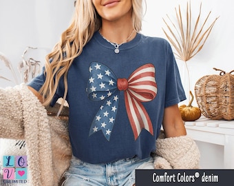 4th of July Comfort Colors® Shirt, Coquette American Flag Bow Shirt, USA Flag Bow Shirt, July 4th Americana Tee, Women Patriotic Sweatshirt