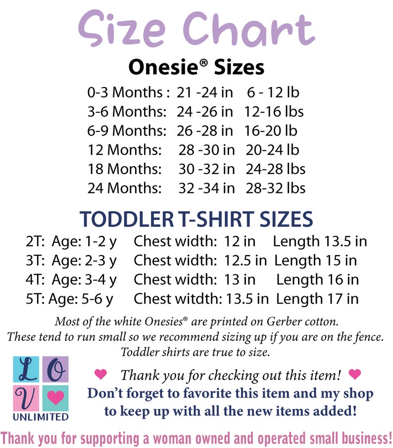 May include: A size chart for onesies and toddler t-shirts. The chart lists sizes in months and years, along with corresponding weight and chest width measurements in inches. The chart also includes a note that most of the white onesies are printed on Gerber cotton and that toddler shirts are true to size.