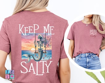 Mantenha-me camisa de praia de Halloween de sereia salgada, camisa de praia de sereia de esqueleto personalizada para presente da avó, camisa de sereia de Halloween