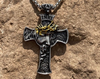 Jesus Gold Crown Crucifix Necklace Christ Jesus Cross Pendant Religious Pendant Oxidized Zinc Alloy, Religious Gift
