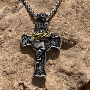 Jesus Gold Crown Crucifix Necklace Christ Jesus Cross Pendant Religious Pendant Oxidized Zinc Alloy, Religious Gift