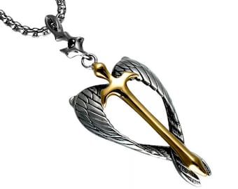 Angel Wings Necklace, Unisex Titanium Sword Pendant, Titanium Religious Jewelry, Men Faith Gift, Sword Necklace, Angel Sword Pendant