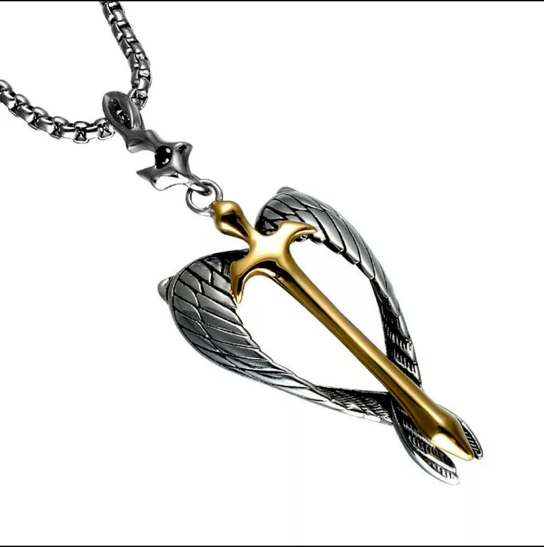 Angel Wings Necklace, Unisex Titanium Sword Pendant, Titanium Religious Jewelry, Men Faith Gift, Sword Necklace, Angel Sword Pendant image 1