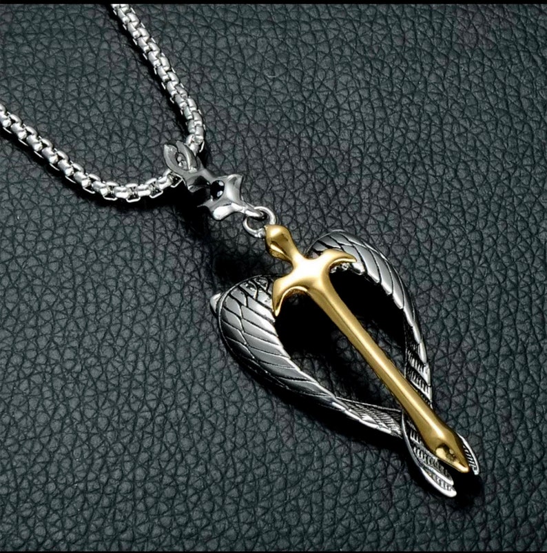 Angel Wings Necklace, Unisex Titanium Sword Pendant, Titanium Religious Jewelry, Men Faith Gift, Sword Necklace, Angel Sword Pendant image 6
