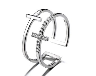 Verstelbare Ring voor vrouwen vergulde of Silver Crystal Double Cross Ring ~ Cadeau voor haar