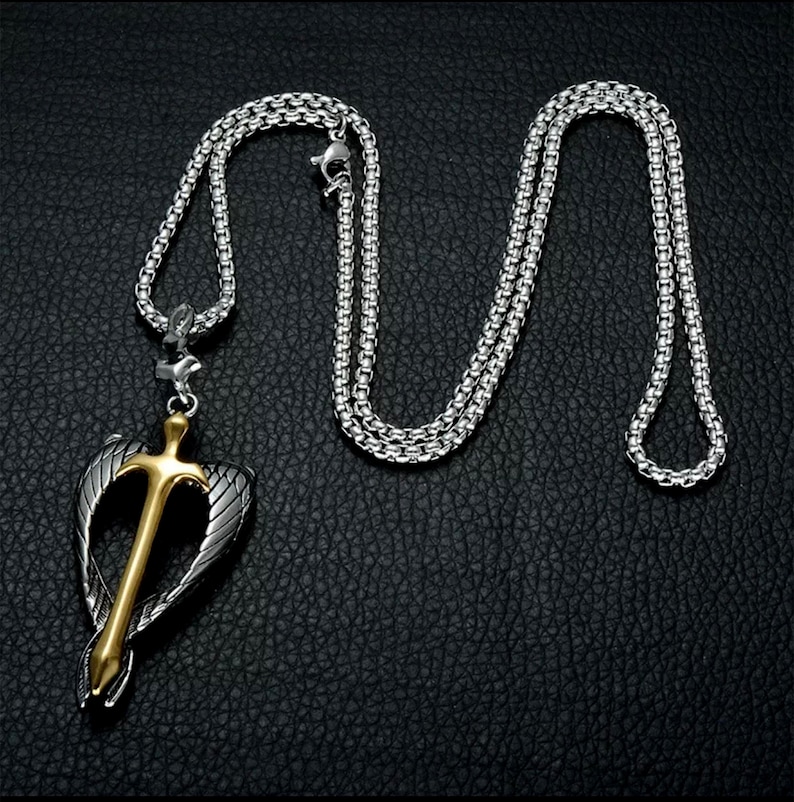 Angel Wings Necklace, Unisex Titanium Sword Pendant, Titanium Religious Jewelry, Men Faith Gift, Sword Necklace, Angel Sword Pendant image 7