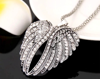 Vintage Crystal Long Pendant Silver Angel Wing Necklace ~ Gift for Her