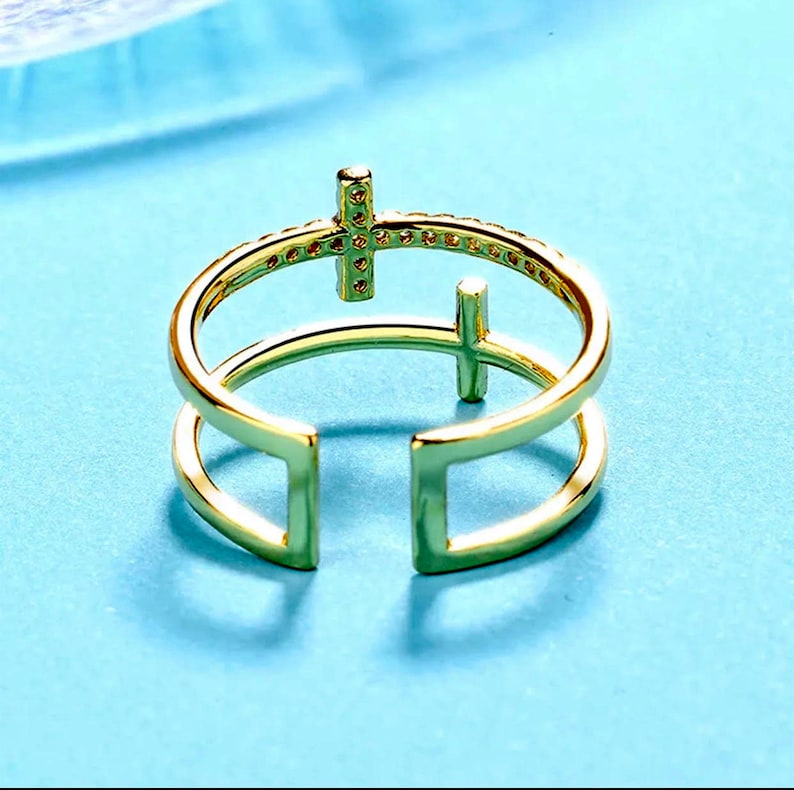 Adjustable Ring for Women Gold Plated or Silver Crystal Double Cross ...