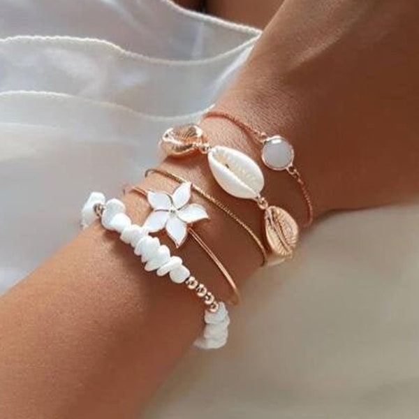 Gold Tone Alloy Four Seperate Beach Themed SeaShell Bracelets, Multi- Layer Bracelets, Gift For Her, Summer Fashion Jewelry Accessories