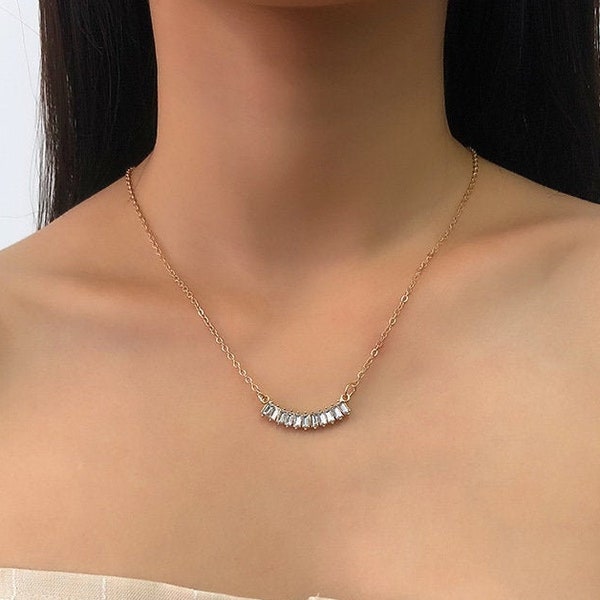 Gold Tone Clear Rhinestone Straight Baquette Bar Style Necklace, Gifts For Her, Fashion Jewelry Accessory, Evening Wear, Bridal Jewelry