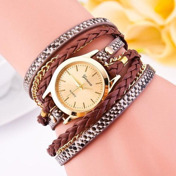 Ladies Multiple Strand Brown Leather Wrap Fashion Watch, Gift For Mom, Mothers Day Gift Idea, Fashion Accessory, Fashion Jewelry, Timepiece