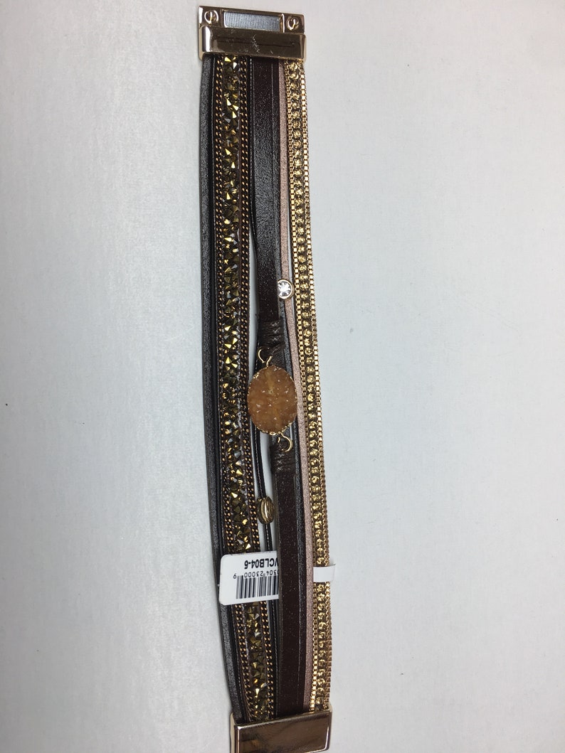Multi-strand Chic Leather Druzy Center Brown Gold Tone Magnetic Clasp Bracelet