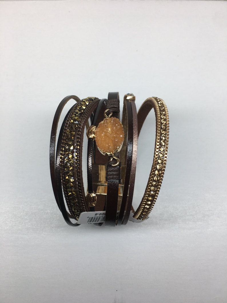 Multi-strand Chic Leather Druzy Center Brown Gold Tone Magnetic Clasp Bracelet