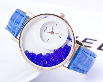 Bracelet bleu pour dames avec montre de mode en cristaux bleus flottants, cadeaux pour elle, montre, montre, accessoire de mode, bijoux de mode, horloge