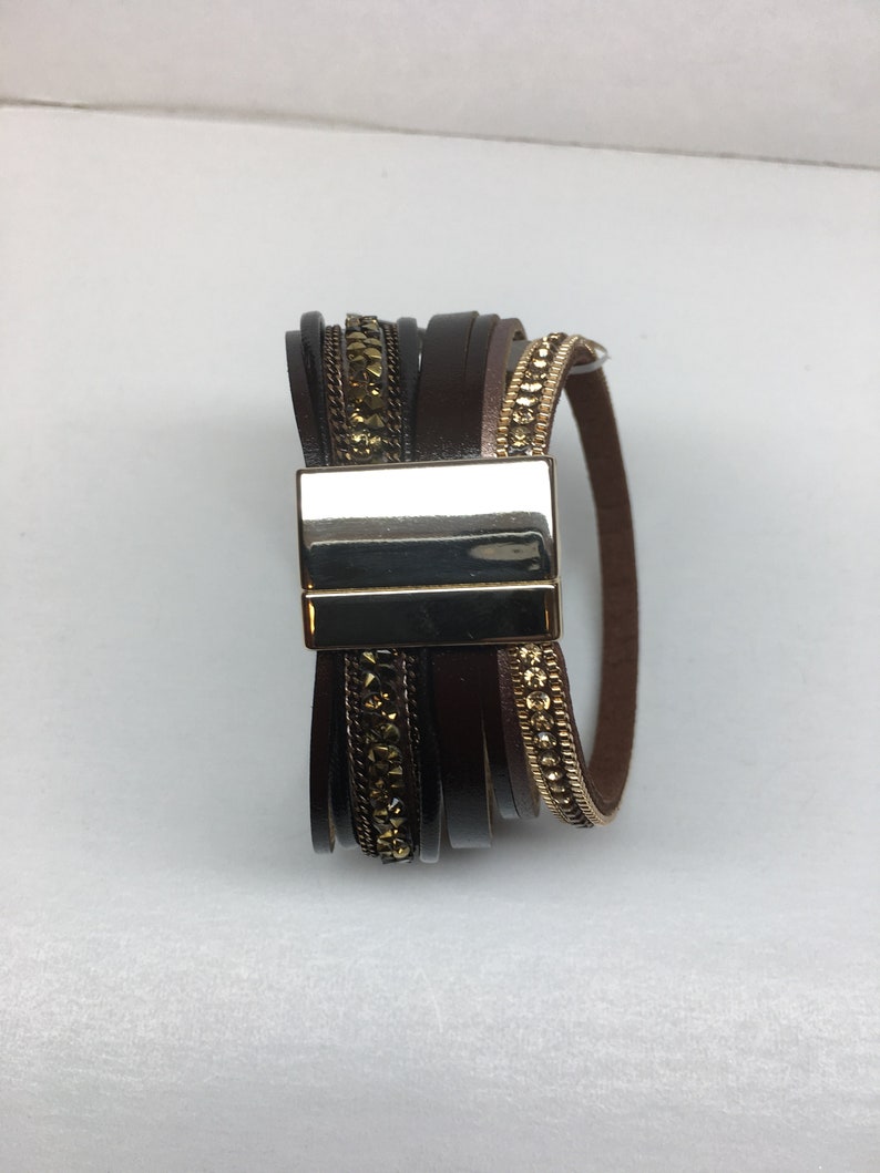 Multi-strand Chic Leather Druzy Center Brown Gold Tone Magnetic Clasp Bracelet