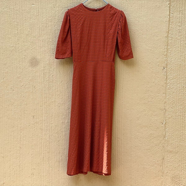 Handmade Burnt Orange Plaid Modest Mennonite Dress  | Size M