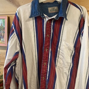 Vintage 1990s Mens Red / White Striped Denim Button Down | Size XL