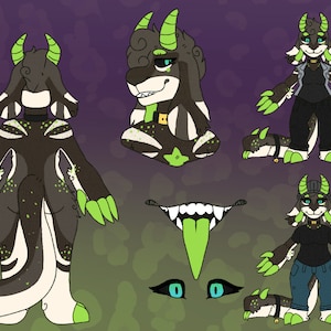 May include: Digital illustration of a green and black demon goat character named Geist. The character is shown in different poses and outfits, including a black and white striped outfit, a green and black outfit, and a black and blue outfit. The character has a long, green tongue and a star on its chest.