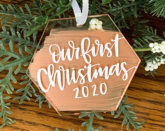 Custom Our First Christmas Ornament, Custom acrylic ornament, vinyl lettering, hexagon Christmas ornament