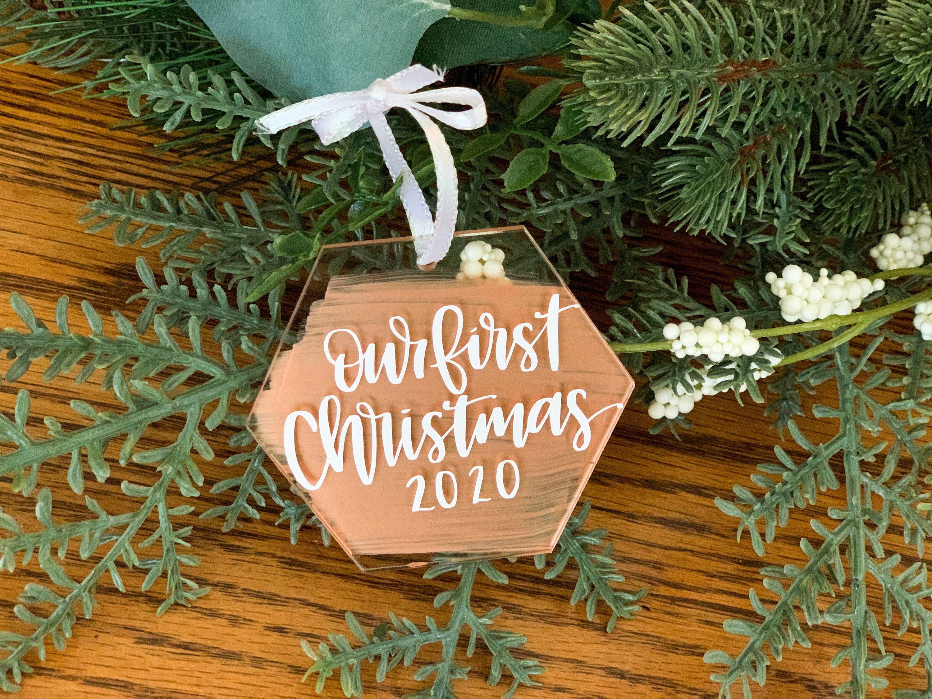 Custom Our First Christmas Ornament, Custom Acrylic Ornament, Vinyl  Lettering, Hexagon Christmas Ornament 