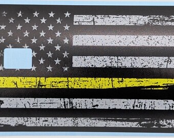 Funda para tarjeta de crédito Thin Gold Line Dispatcher / Vinilo adhesivo con la bandera estadounidense desgastada