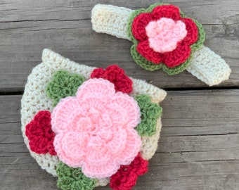 Newborn girls flower diaper cover and headband