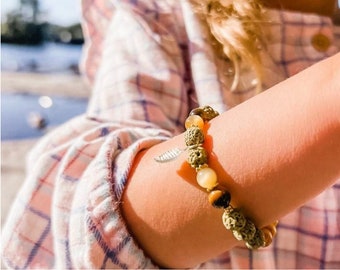 Semi-precious stone bracelet for children with leaf charm, gold plated, volcanic rock, lava stone, tiger's eye