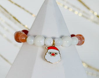 Semi-precious stone bracelet with Santa Claus charm in gold stainless steel for children, red, and white
