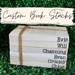 Name stamped books, name stacked books, family names stamped books, pet name books, stamped stacked books, family book stack, book stack