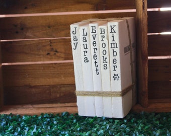 Hand Stamped Book Stack Vertical//Farmhouse Style Rustic Decor Book Stacks// Custom Name Book//Shabby Chic//Personalized  Home Decor