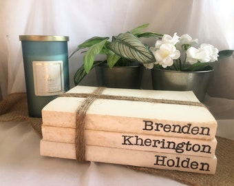 Personalized Hand Stamped Books, Custom Book Stack, Decorative Books, Mothers Day, Book With Names, Farmhouse Decor, Farmhouse Books