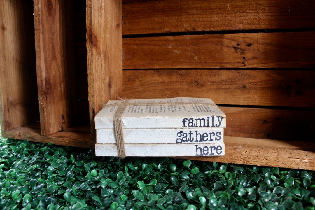 Family Gathers Here Farmhouse Book Stack Hand Stamped Rustic Decor ...