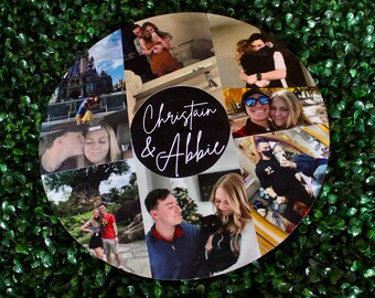 May include: A round photo collage with a black circle in the centre that says "Christain & Abbie". The collage features photos of a couple in various locations, including a theme park, a forest, and a home.