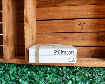 Custom Location Decor, City State Decor, Farmhouse Rustic Hand Stamped Book Stack