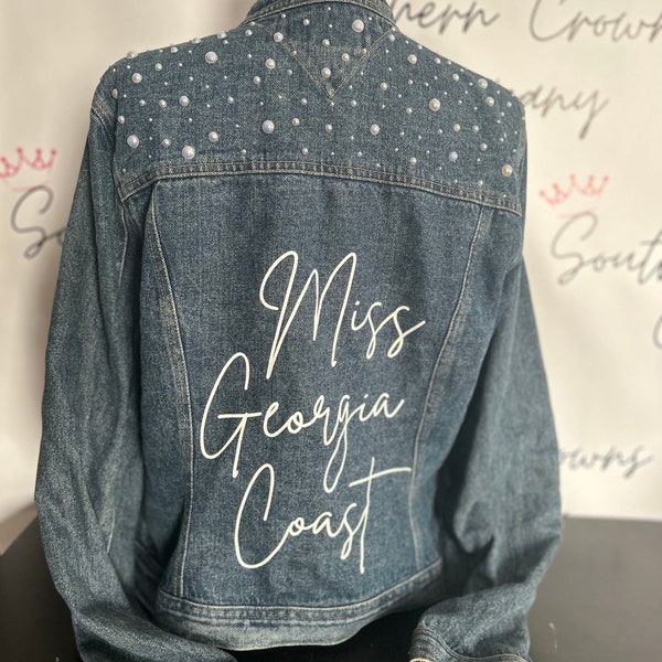 Pageant Queen Titleholder Jean Jacket,  Pageant Jacket, Pearl Jacket, Pageant Girl, Pageant Title Jacket, Customized Denim Jacket