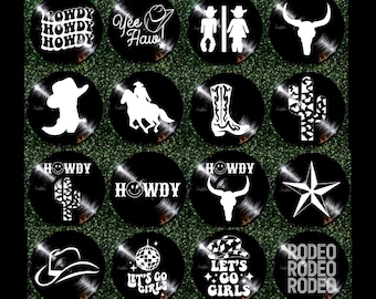 May include: Twelve black vinyl record coasters with various white designs. The designs include a cowboy boot, a cactus, a skull, a star, a cowboy hat, a disco ball, a smiley face, and the words "Howdy", "Yee Haw", "Let's Go Girls", and "Rodeo".