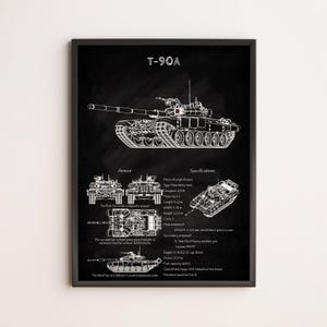 T-90A Main Battle Tank Blueprint Poster – Detailed Military Wall Art – Russian Tank Diagram Print – Engineering Drawing Decor
