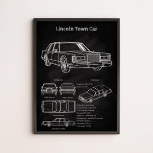 May include: Black framed print featuring a white line drawing of a Lincoln Town Car. The print includes dimensions, an overview, and specifications such as engine size and horsepower. The car's length is 218 inches.
