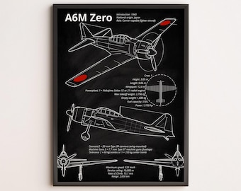 Midsubishi A6M Zero Blueprint Poster – WWII japanisches Kampfflugzeug Wandkunst – Vintage Flugzeuge Dekoration für Piloten, Sammler und Geschichtsfans