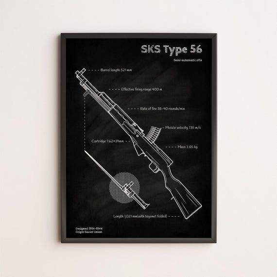 SKS Type 56 Blueprint Poster | Classic Military Rifle Wall Art for