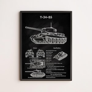 May include: A black and white line drawing of a T-34-85 tank with specifications and armor details. The tank is depicted in profile view with the turret facing the right. The drawing is on a black background.