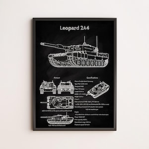 Leopard 2 Tank Blueprint Poster - Military Wall Art - Tank Enthusiast Gift - Engineering Design Print - War Room Decor
