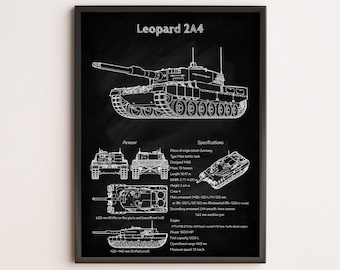 Leopard 2 Tank Blueprint Poster - Military Wall Art - Tank Enthusiast Gift - Engineering Design Print - War Room Decor