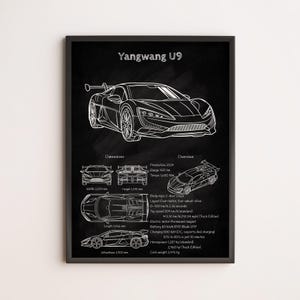 May include: Black framed print featuring a white line drawing of a Yangwang U9 sports car. The print includes dimensions, production details, and an overview of the vehicle's specifications. The car's width is 2,021 mm, and the height is 1,295 mm.