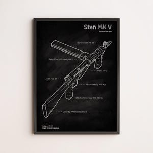 Puede incluir: Un plano enmarcado de una ametralladora Sten MK V, diseñada en 1944 en el Reino Unido. El dibujo lineal blanco sobre fondo negro incluye la longitud del cañón 198 mm, la cadencia de tiro, la longitud 760 mm, la masa 3,4 kg y la velocidad de salida.